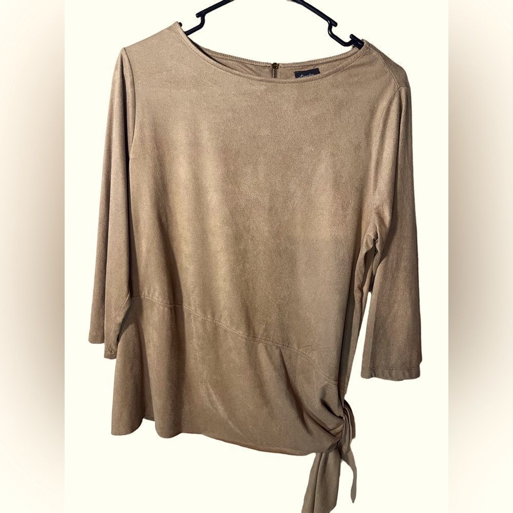 travelers collection Chicos Size I Faux Suede back Zipper 3/4 Sleeve Caramel